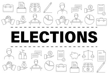 Seçim ve oy simgeleri ve sembolleri ile Banner şablonu. Çizgi stili illüstrasyon. Oylama, uygulamalar ve web için bir seçim simgeleri yapma.