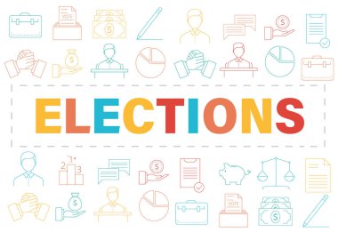 Seçim ve oy simgeleri ve sembolleri ile Banner şablonu. Çizgi stili illüstrasyon. Oylama, uygulamalar ve web için bir seçim simgeleri yapma. Mobil