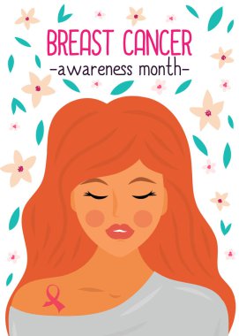 Pembe kurdele ile Kadın portre - meme kanseri sembolü. Meme kanseri farkındalık ay afiş. Meme kanseri afiş. 