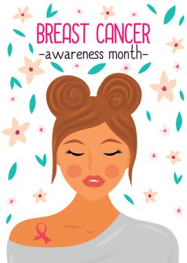 Pembe kurdele ile Kadın portre - meme kanseri sembolü. Meme kanseri farkındalık ay afiş. Meme kanseri afiş. 