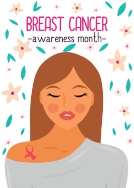Meme kanseri farkındalık ay afiş. Vektör kavramı. Lady kanserle savaşıyor. 