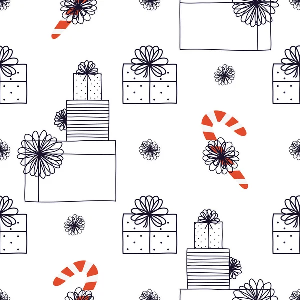 Weihnachtsgeschenke, Bonbons und festliche Elemente von Hand im skandinavischen Stil gezeichnet, nahtlose Muster Hintergrund. ideal für Weihnachtsverpackungen, Textilien, Bekleidung. — Stockvektor