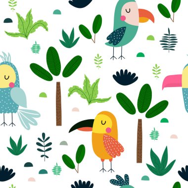 Karikatür papağan vektör illüstrasyon, tropikal yaprakları. T-shirt, kitap, poster için çocukça baskı