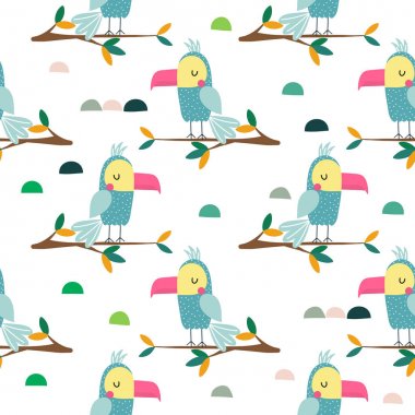 Tropikal bir ağaç ta oturan papağanlar, kumaş için çocuksu tasarım, 