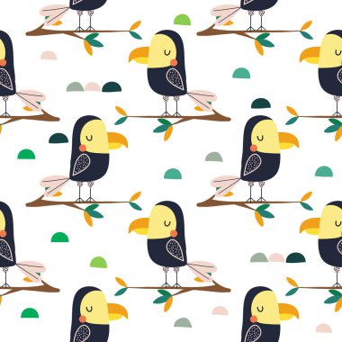 Tropikal bir ağaç ta oturan papağanlar, kumaş için çocuksu tasarım, 