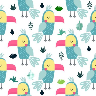  Papağan vektör arka plan. Kumaş, sarma için çocuksu tasarım, 