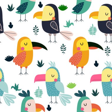  Papağan vektör arka plan. Kumaş, sarma için çocuksu tasarım, 