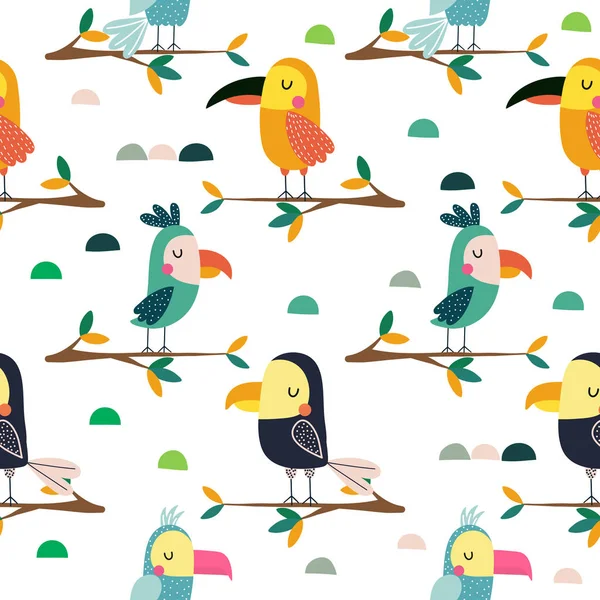 Попугаи сидят на тропическом дереве, детский дизайн для ткани , — стоковый вектор