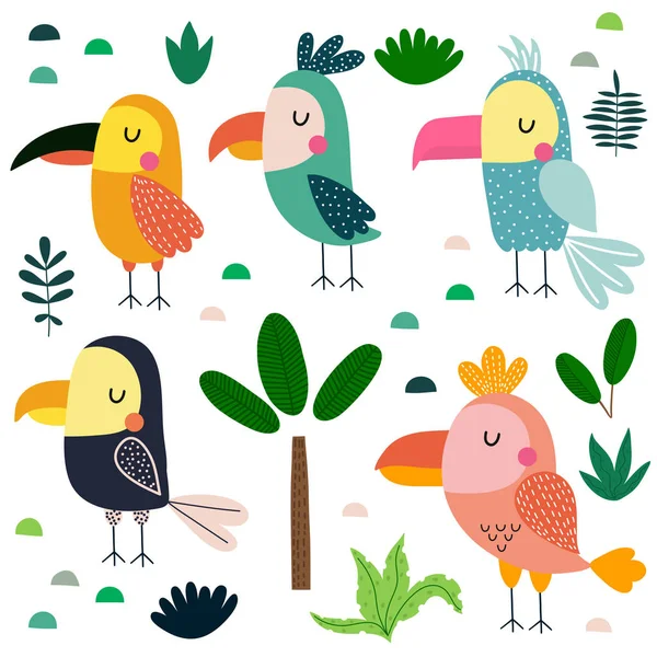 Papagaios diferentes, árvores tropicais e folhas. Vetor infantil il — Vetor de Stock