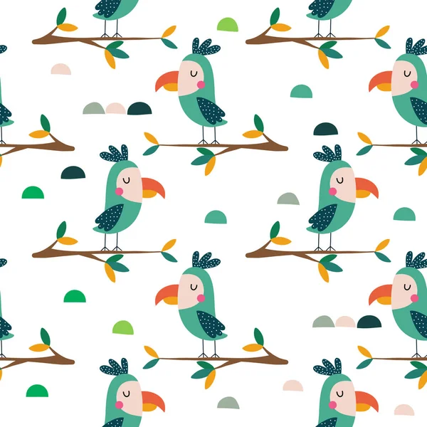 Tropikal bir ağaç ta oturan papağanlar, kumaş için çocuksu tasarım, 