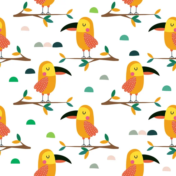 Burung beo duduk di pohon tropis, desain kekanak-kanakan untuk kain , - Stok Vektor