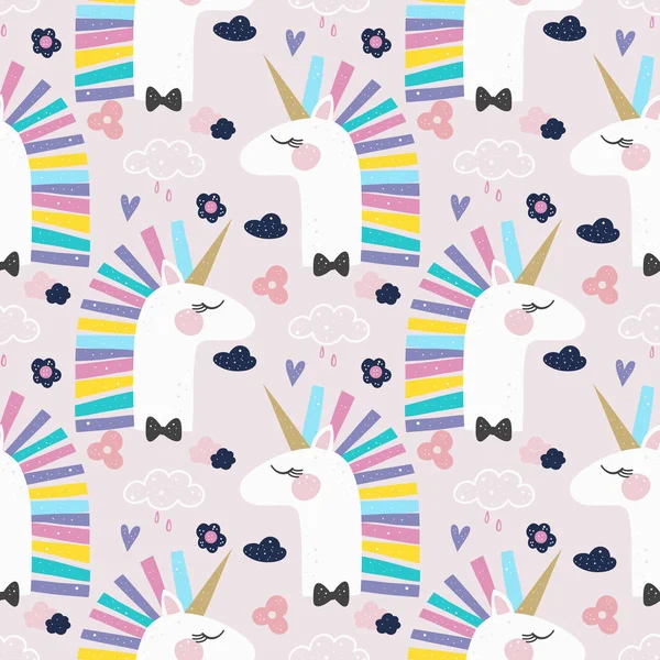 Cute unicorn with flowers and hearts vector pattern background. Design for fabric, wrapping, textile, wallpaper, apparel. — Stock Vector
