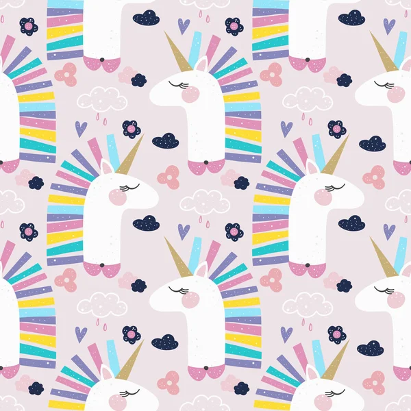 Cute unicorn with flowers and hearts vector pattern background. — Stock Vector