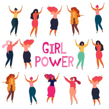 Farklı kıyafetler içinde Dans kadınlar, kız güç kavramı. 