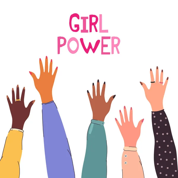 Meisje handen op witte achtergrond. Girl Power, sterke vrouwen. — Stockvector