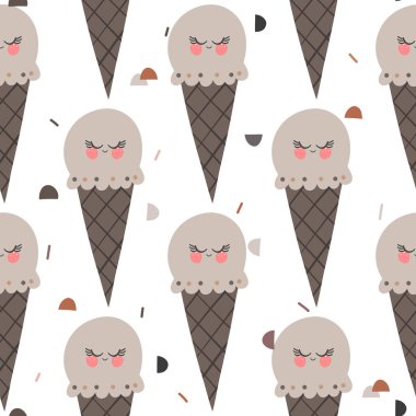 Yüz vektör desen arka plan ile sevimli dondurma. Tatlı ve nefis tatlı. Kumaş, sarma, tekstil, duvar kağıdı, konfeksiyon için tasarım
