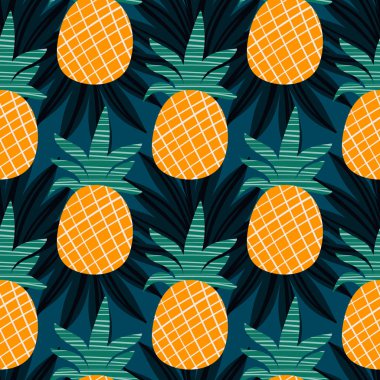 Ananas ve tropikal yaprakları dikişsiz vektör arka plan. Kumaş, sarma, tekstil, duvar kağıdı, konfeksiyon için tasarım