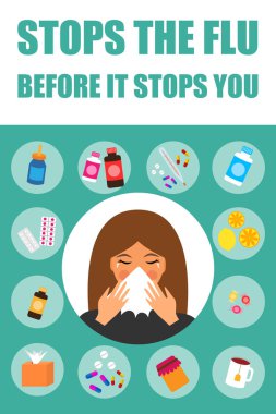 Gribi durdurmadan önce durdurur, vektör çizimi. Sağlık kavramı, grip hakkında afiş.