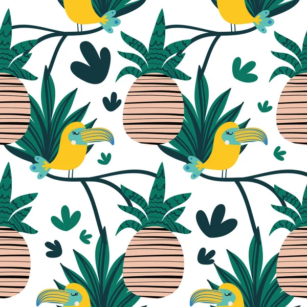 Verão tropical fundo vetor sem costura com tucano e maçã de pinheiro. Design para tecido, envoltório, têxtil, papel de parede, vestuário — Vetor de Stock