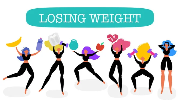 Perdre du poids bannière, les filles en costumes de sport avec des échelles, fru — Image vectorielle