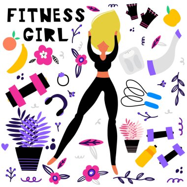 Fitness kız vektör seti, el çizilmiş vektör illüstrasyon. Su, terazi, dambıl, atla. Egzersiz yapan kız, formda kal.. 