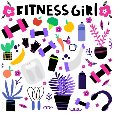 Sağlıklı beslenme vektör arka plan. Sağlıklı beslenme, kilo kaybetme ve formda kalma kavramı, spor motivasyonu.