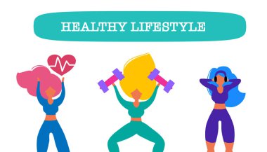 Sağlıklı beslenme afiş, ölçekler, meyve ve sebze ile spor kostümleri kızlar. Sağlıklı beslenme, kilo kaybetme ve formda kalma kavramı, spor motivasyonu.