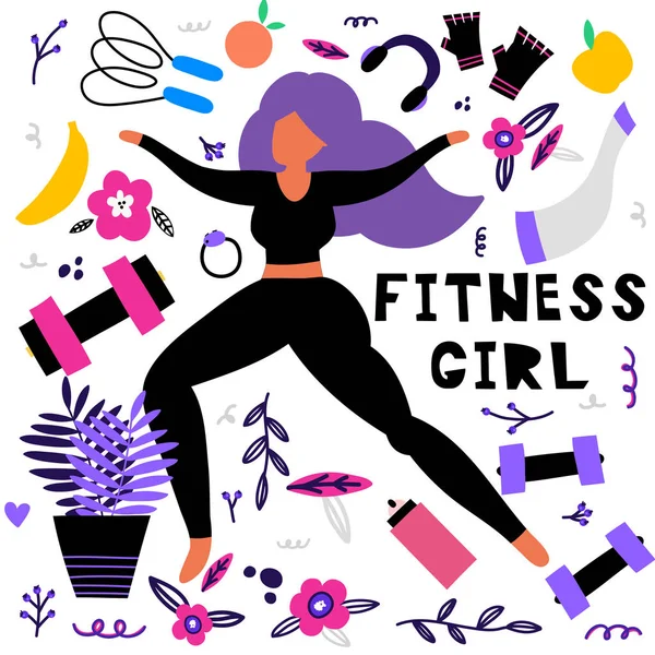 Chicas de fitness conjunto de vectores, ilustración vectorial dibujado a mano. Agua, escamas, pesas, saltar. Chica haciendo ejercicios, mantenerse en forma . — Vector de stock