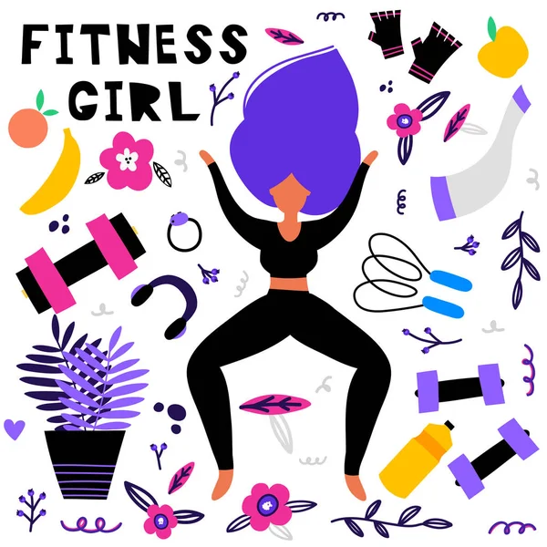 Chicas de fitness conjunto de vectores, ilustración vectorial dibujado a mano. Agua, escamas, pesas, saltar. Chica haciendo ejercicios, mantenerse en forma . — Vector de stock