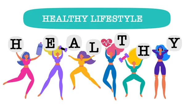 Banner de alimentação saudável, meninas em trajes esportivos com escamas, frutas e legumes. Conceito de alimentação saudável, perda de peso e manter-se em forma, motivação desportiva . — Vetor de Stock