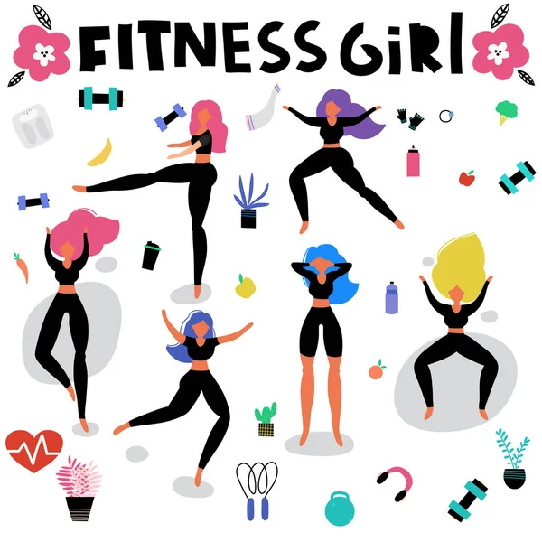 Set vettoriale fitness girls, illustrazione vettoriale disegnata a mano. Acqua, bilancia, manubri, salta. Ragazza che fa esercizi, tenersi in forma . — Vettoriale Stock