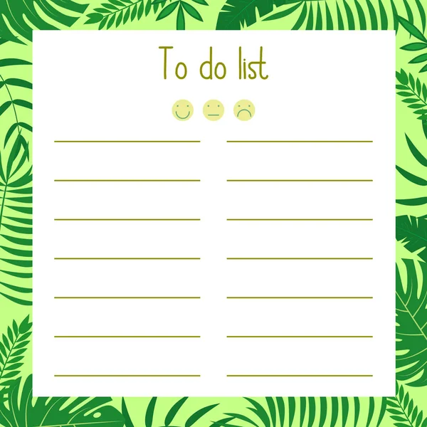 Para hacer la plantilla de lista para imprimir, página para diario, organizador, libreta. Ilustración vectorial con hojas tropicales . — Archivo Imágenes Vectoriales