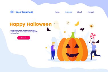 Mutlu Halloween.Cartoon düz vektör illüstrasyon beyaz arka plan izole. Web banner, infographics, web sayfası için kullanabilirsiniz