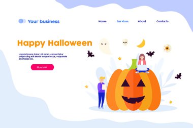 Mutlu Halloween.Cartoon düz vektör illüstrasyon beyaz arka plan izole. Web banner, infographics, web sayfası için kullanabilirsiniz