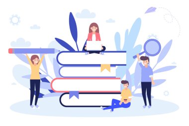 Eğitim online. Öğrenme kavramı. Karikatür düz vektör illüstrasyon beyaz arka plan üzerinde izole. Web banner, infographics, web sayfası için kullanabilirsiniz.