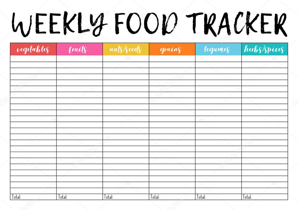   Weekly food tracker, comfortable planner for organiser. Concept of healthy eating, loosing weight. 