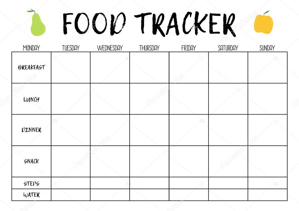 Food tracker, comfortable planner for organiser. Concept of healthy eating, loosing weight. 