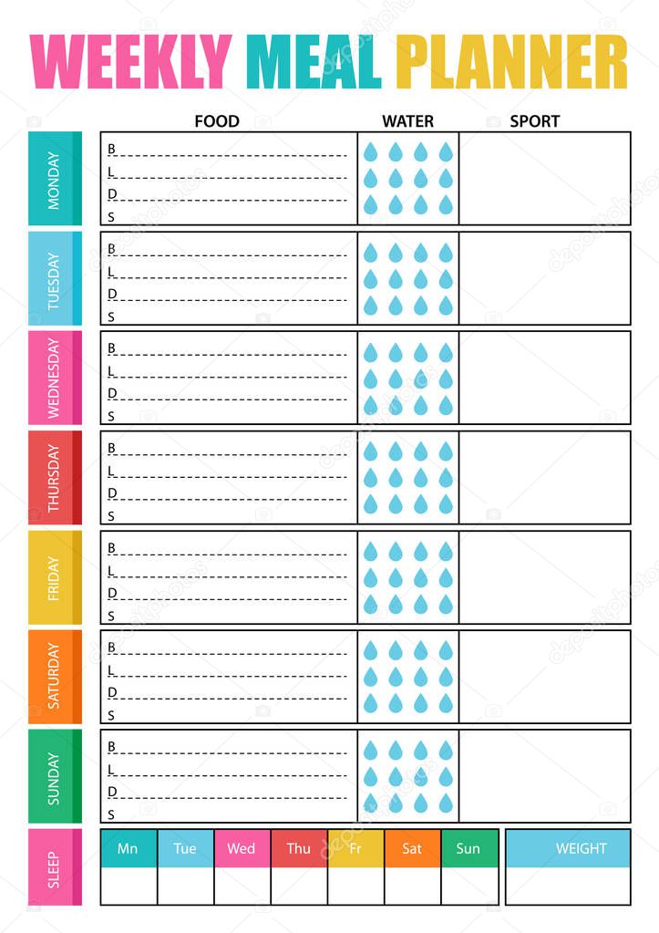   Weekly meal planner, comfortable planner for organiser. Concept of healthy eating, loosing weight.