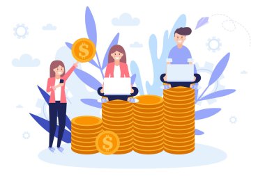 Para biriktirme konsepti, bozuk paralı kumbara, elinde bozuk para tutan insanlar. Düz vektör çizimi beyaz arka planda yalıtılmış. Web banner, infographics, web sayfası için kullanabilirsiniz