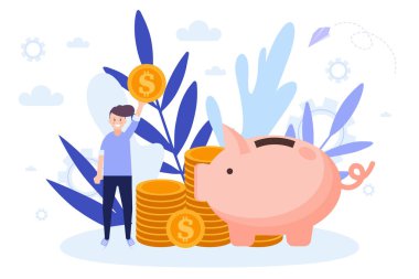 Para dan tasarruf konsepti, bozuk paralı kumbara, para tutan adam. Düz vektör çizimi beyaz arka planda yalıtılmış. Web banner, infographics, web sayfası için kullanabilirsiniz.