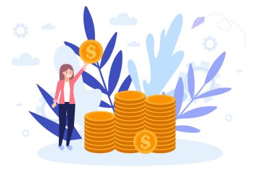 Tasarruf parası konsepti, bozuk paralı kumbara, para tutan kız. Web banner, infographics, web sayfası için kullanabilirsiniz