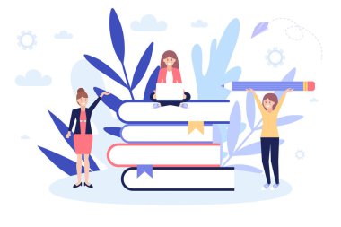 Online öğrenme, insanlar eğitim, kitap, eğitim kavramı. Düz vektör çizimi beyaz arka planda yalıtılmış. Web banner, infographics, web sayfası için kullanabilirsiniz.