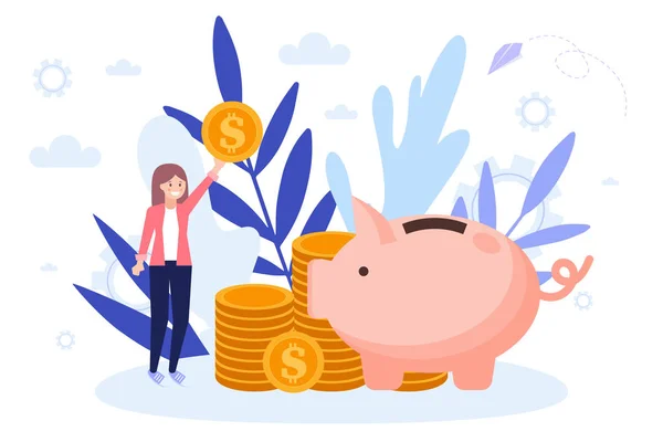 Šetřící peníze, prasátko s mincemi, holka držící minci. Plochá vektorová ilustrace izolovaná na bílém pozadí. Lze použít pro webový nápis, infografiku, webovou stránku. — Stockový vektor