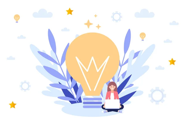 Menina estudando on-line, produzir novas ideias, conceito de educação e novas ideias.Ilustração vetorial plana isolado em fundo branco. Pode usar para banner web, infográficos, página da web . — Vetor de Stock