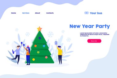  Yeni yıl partisi, Noel selamı, süslenmiş ağaç. Düz vektör çizimi beyaz arka planda yalıtılmış. Web banner, infographics, web sayfası için kullanabilirsiniz.