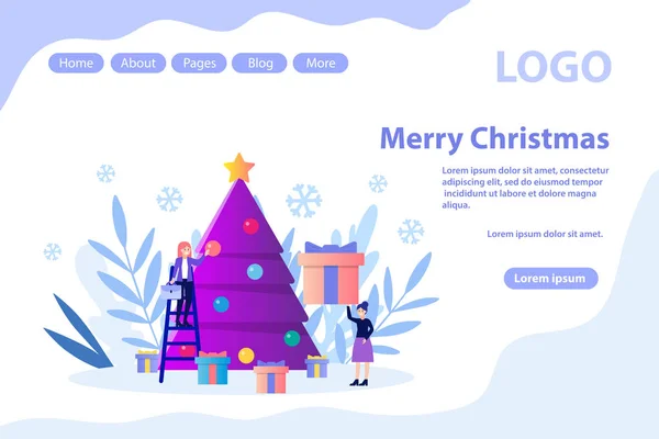 Πρωτοχρονιά γιορτάζοντας, χριστουγεννιάτικο χαιρετισμό, διακοσμημένο δέντρο. Επίπεδη εικόνα που απομονώνεται σε λευκό φόντο. Μπορεί να χρησιμοποιηθεί για banner ιστού, ενημερωτικά γραφήματα, ιστοσελίδα. — Διανυσματικό Αρχείο