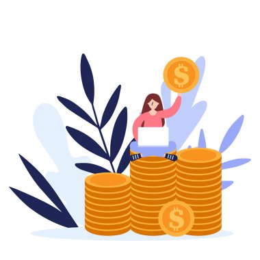 Girl working in the Internet and earning money, concept of money.Flat vector illustration isolated on white background. Can use for web banner, infographics, web page
