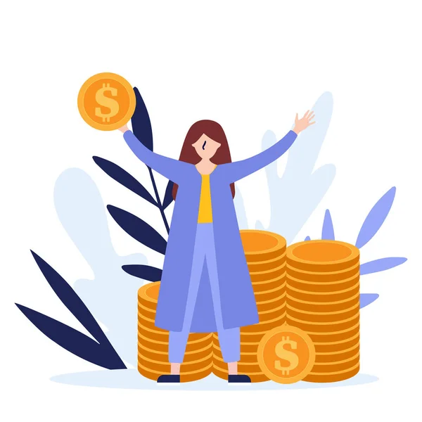 Dziewczyna trzyma monety, koncepcja zarabiania i oszczędzania pieniędzy.Płaski wektor ilustracji izolowane na białym tle. Może służyć do bannerów internetowych, infografik, stron internetowych. — Wektor stockowy