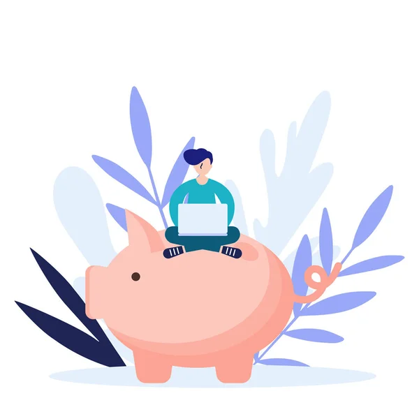 Hombre ahorrando dinero en alcancía, concepto de ahorro de dinero.Ilustración vectorial plana aislada sobre fondo blanco. Puede utilizar para banner web, infografías, página web — Archivo Imágenes Vectoriales