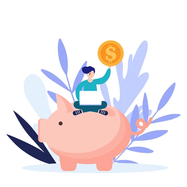 Man saving money in piggy bank, concept of saving money.Flat vector illustration isolated on white background. Can use for web banner, infographics, web page — Stockový vektor